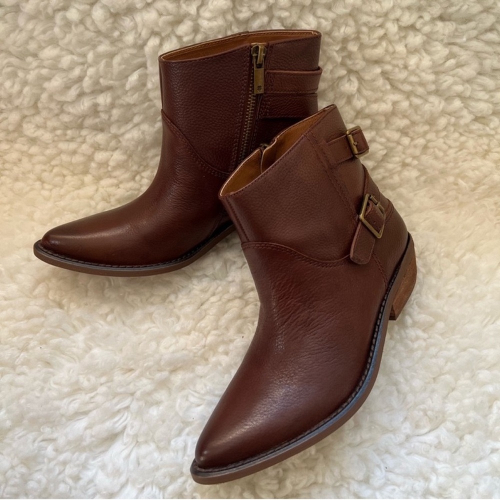 New! LUCKY BRAND Caelyn Western Moto Leather Ankle Booties in Cognac Brown - Picture 5 of 14